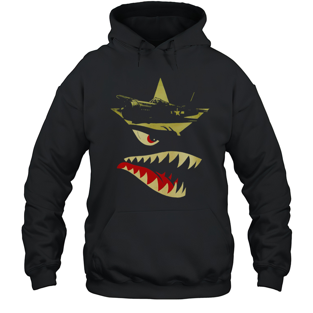 Military Fighter Plane Star Emblem Angry Shark Mouth Graphic Vintage War Art Shirt Unisex Hoodie