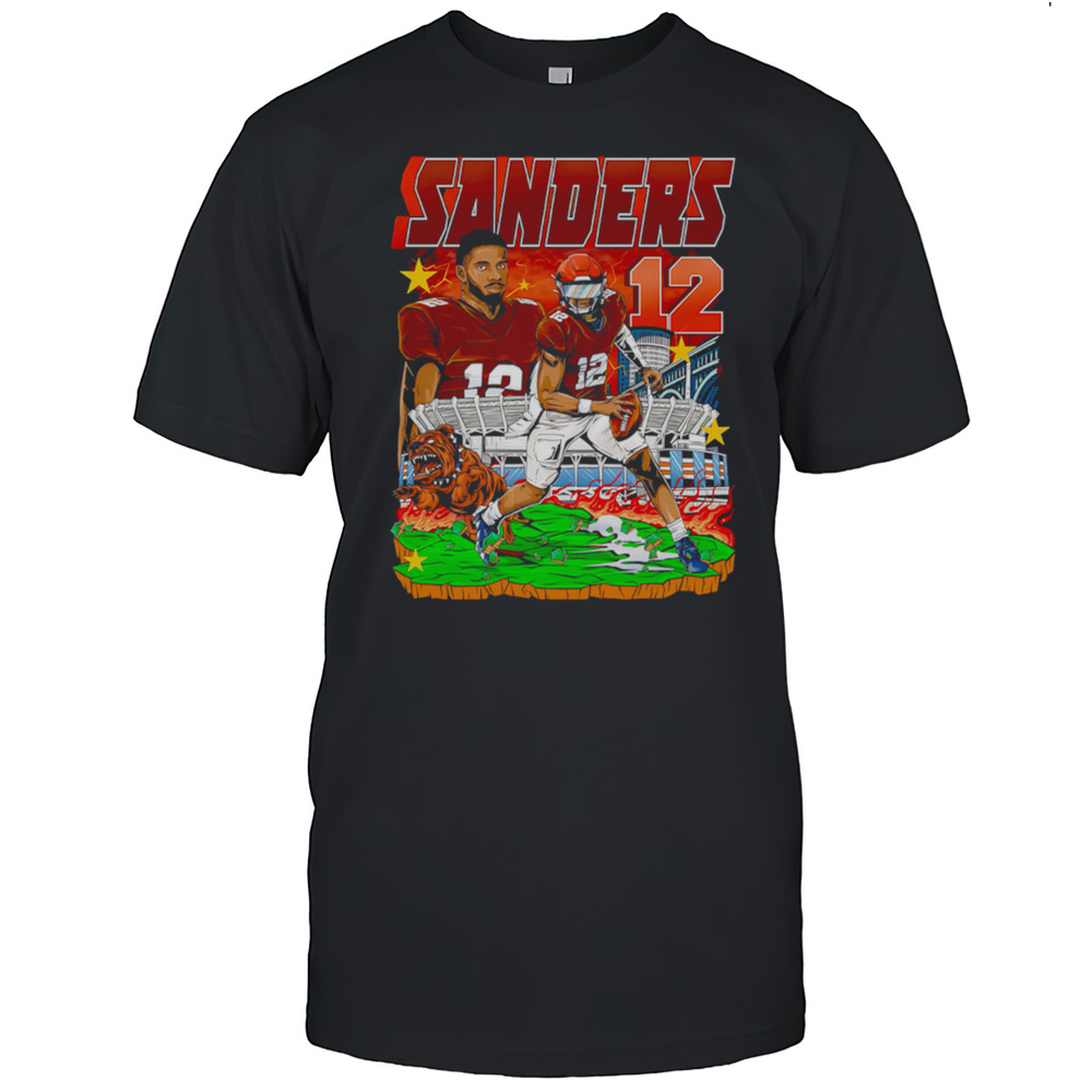 Sanders 12 Football Player Brown Jersey Stadium Bulldog Comic Style Graphic Shirt