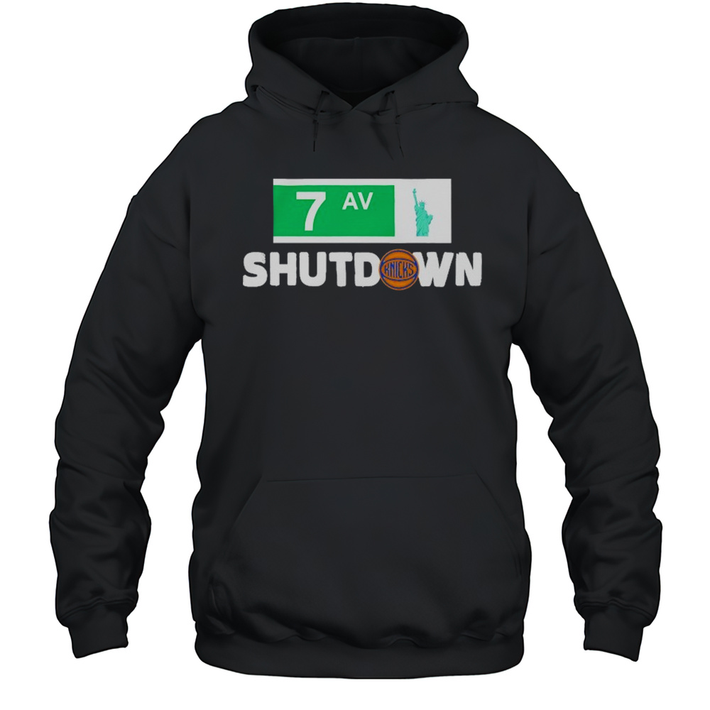 New York Knicks Stadium Essentials Black 7th Avenue Shutdown T-Shirt Unisex Hoodie