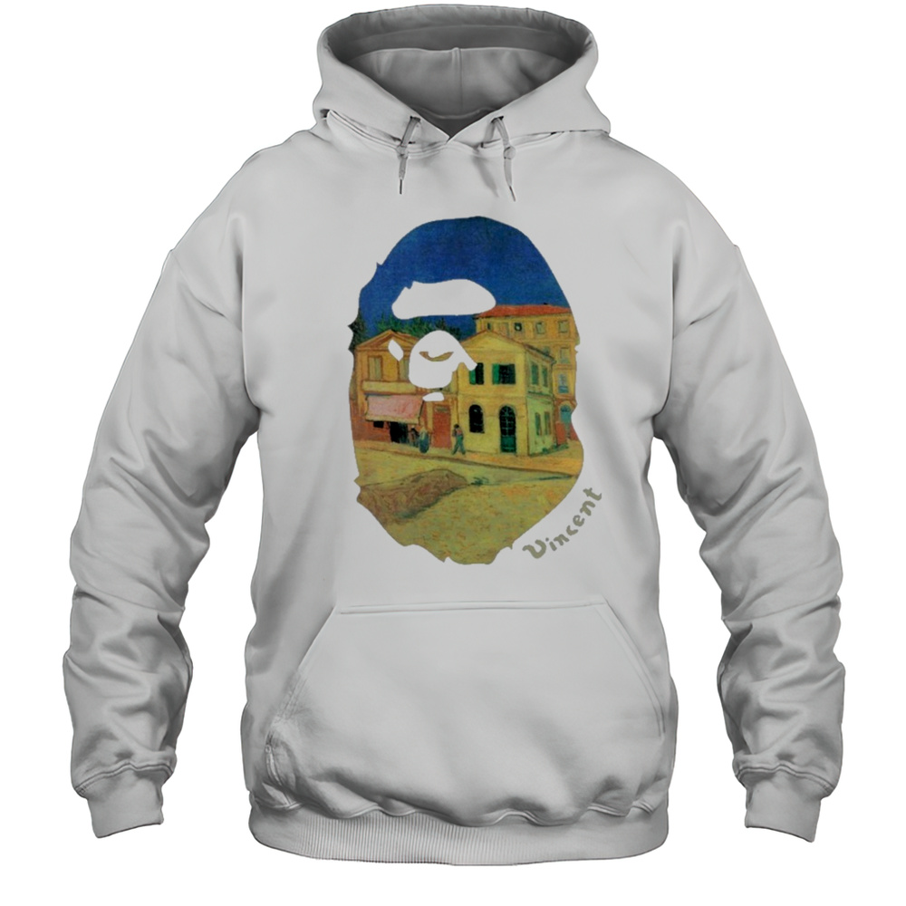 Bape X Van Gogh Museum Ape Head Canvas Art Yellow House Ape Shirt Unisex Hoodie