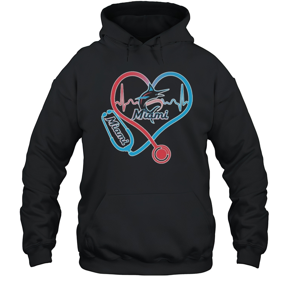 Miami Marlins Caring Hearts Nurse Stethoscope Heartbeat T-shirt Unisex Hoodie