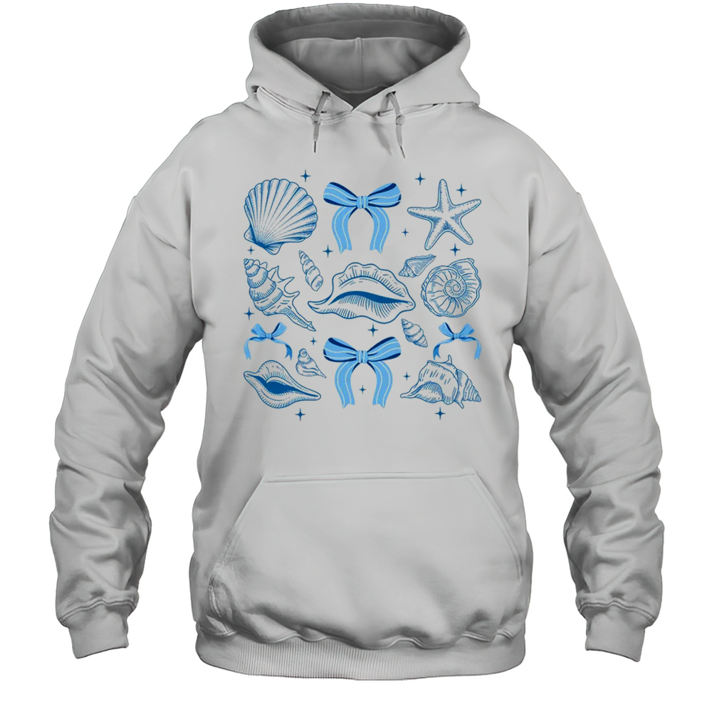 Blue Coquette Bow Seashell Retro Beach Summer Vibes Girls Shirt Unisex Hoodie