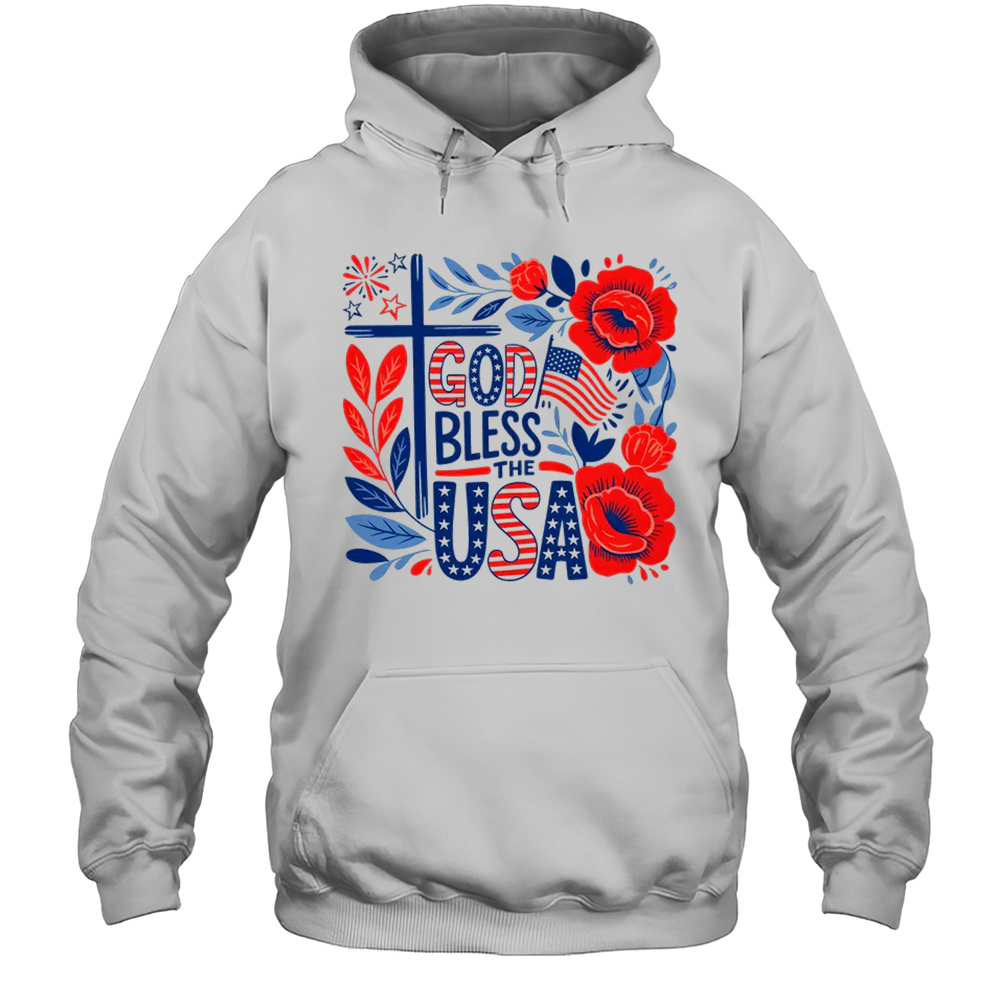 Retro Boho Floral God Bless The USA Christian 4th Of July Shirt Unisex Hoodie