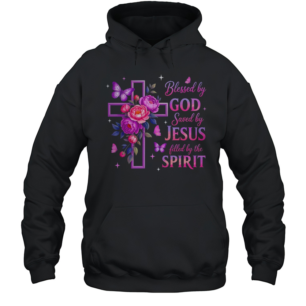 Blessed By God Saved By Jesus Purple Floral Cross Christian Shirt Unisex Hoodie