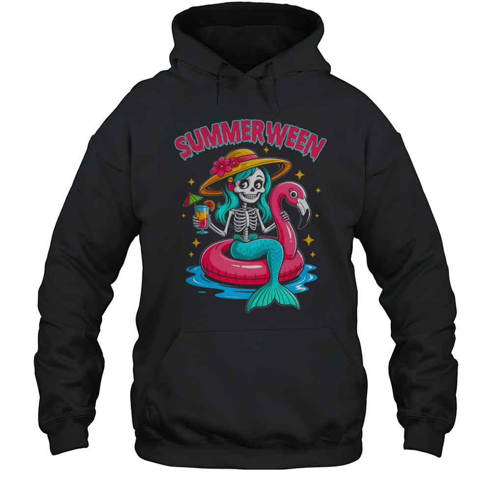 Summerween Mermaid Skeleton Halloween Flamingo Summer Vacay Shirt Unisex Hoodie