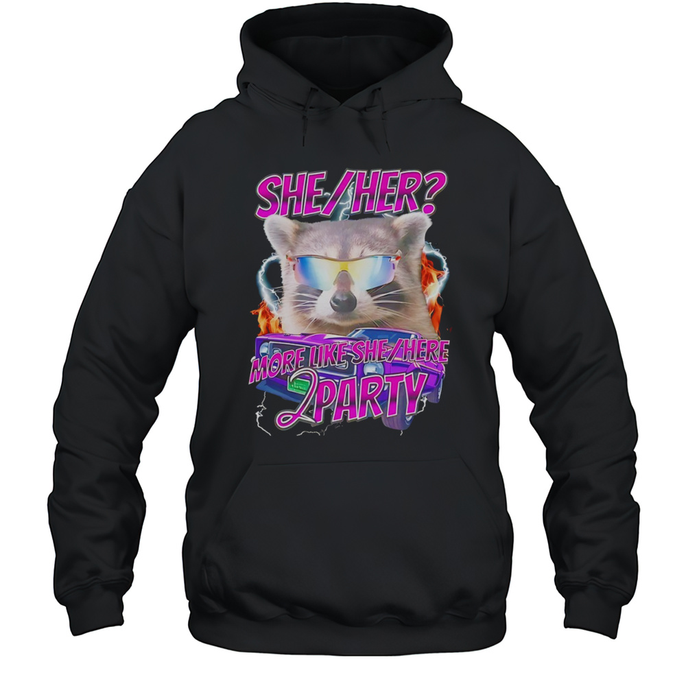 Raccoon Wearing Glass She Her More Like She Here 2 Party Shirt Unisex Hoodie