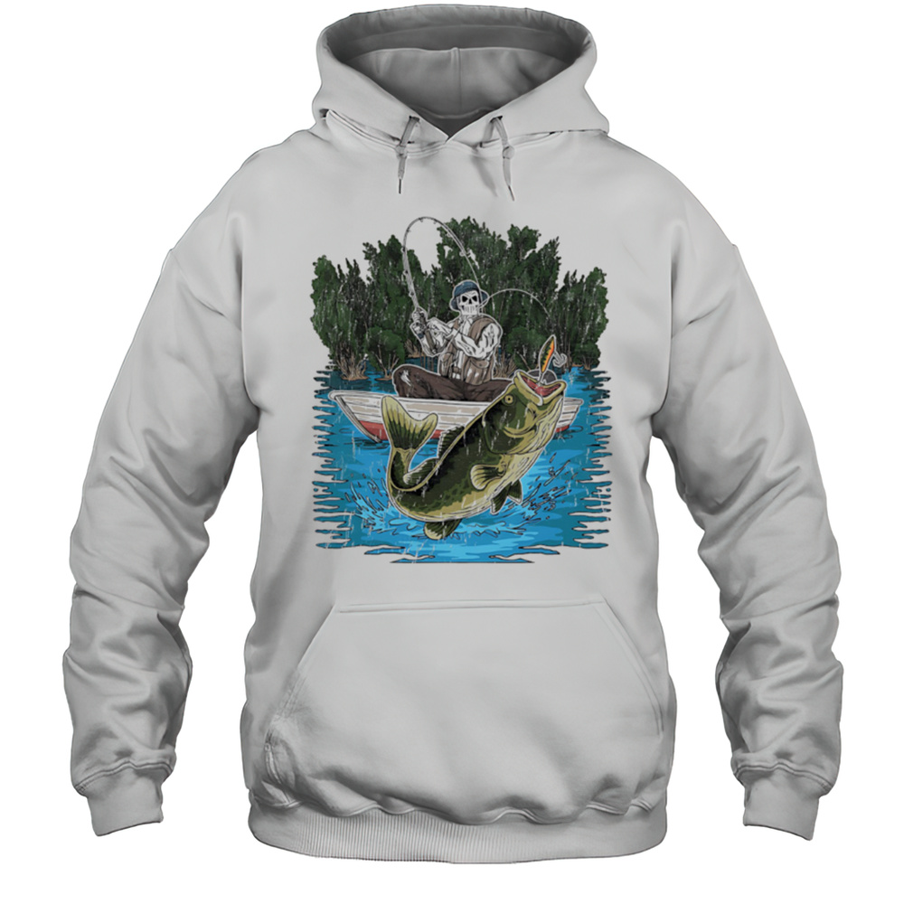Sleleton Fisherman Is Catching A Bass Fishing Shirt Unisex Hoodie