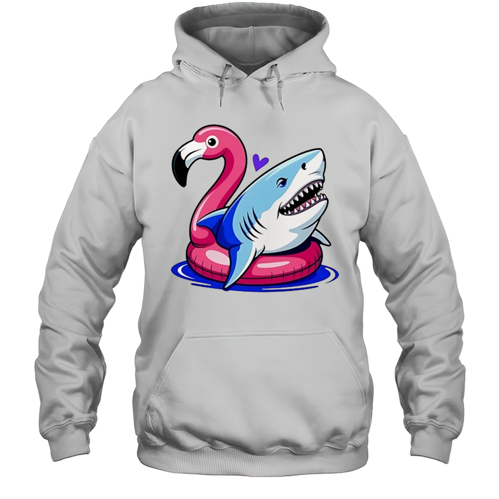 Great White Shark In Pink Flamingo Pool Float Shirt Unisex Hoodie